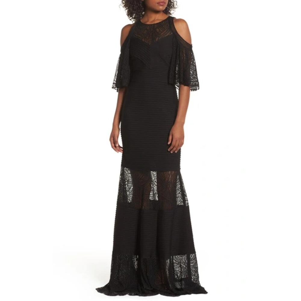 Tadashi Shoji Esme Embroidered Pintuck Cold Shoulder Gown Black Size XS $548 EUC
